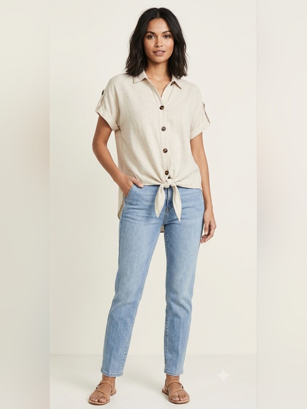 NWOT Femme Medium linen blend cap sleeve button up front tie knot beige shirt